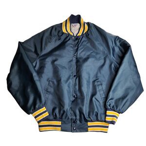 Vintage West Ark Bomber Nylon Jacket Blank Made In USA Blue Gold Trim Size Large